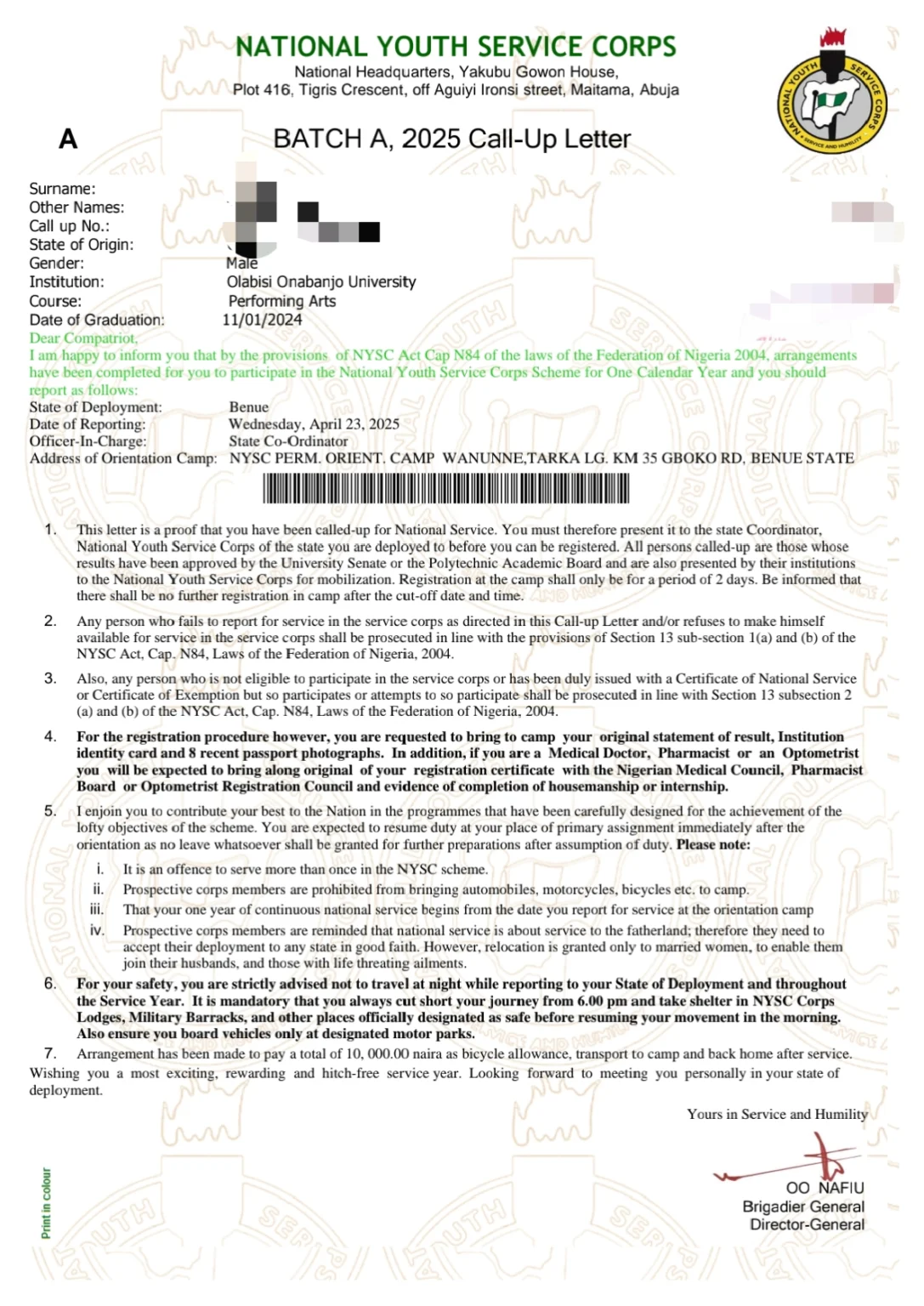 A sample of the NYSC call-up letter